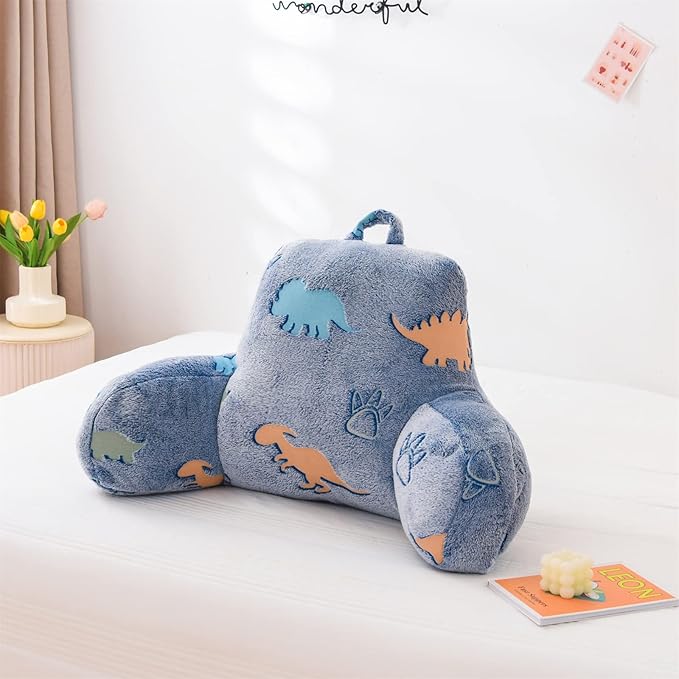 Aimuan Reading Pillow Glow in The Dark Bed Rest Wedge Kids Glow Backrest Pillow Dinosaur Print with Arms Back Support for Sitting Up in Bed Cushion, Orange-Blue