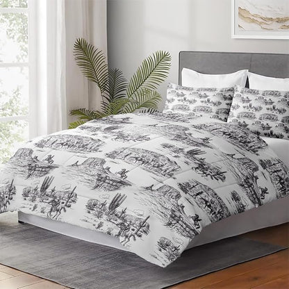 King Size Comforter Set with 2 Pillowcase, American Desert Cowboy Soft 3 Pcs Bedding for Kids and Adults, Vintage Horse Mountain Western Comforter Set for Room Bedroom Bed Decor
