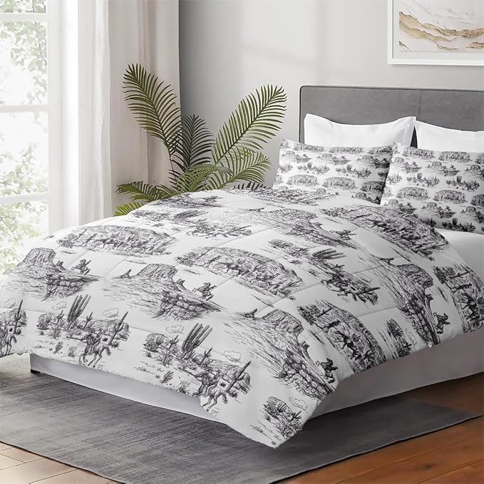 Full Size Comforter Set with 2 Pillowcase, American Desert Cowboy Soft 3 Pcs Bedding for Kids and Adults, Vintage Horse Mountain Western Comforter Set for Room Bedroom Bed Decor