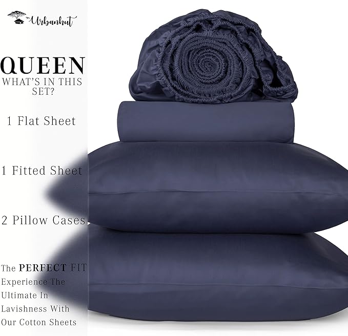 URBANHUT 1000 Thread Count Queen Sheet Set Egyptian Cotton Sheets, Long Staple Soft & Breathable, 4 Pc Bed Sheet Sets for Queen Size Bed, Luxury Hotel Sateen Sheets Fits 16" Deep Pocket - Navy Blue