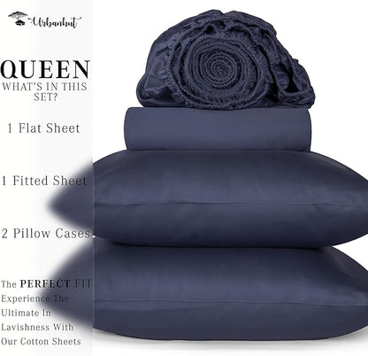 URBANHUT 1000 Thread Count Queen Sheet Set Egyptian Cotton Sheets, Long Staple Soft & Breathable, 4 Pc Bed Sheet Sets for Queen Size Bed, Luxury Hotel Sateen Sheets Fits 16" Deep Pocket - Navy Blue