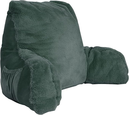 Home Soft Things Fox Faux Fur Bedrest Reading Pillow with Handle and Side Pocket, Backrest Armrest Pillow Back Support for Sitting up in Bed, 20" x 18" x 17", Gunmetal