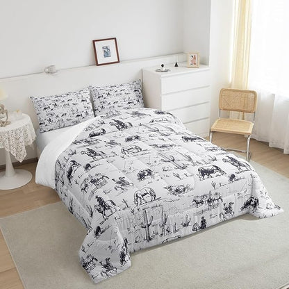 Feelyou Western Comforter Set Toddler Size, White and Black Cowboy Cow Bedding Set Cowboy Comforter Desert Cactus Duvet Set Soft Bed Set 2Pcs