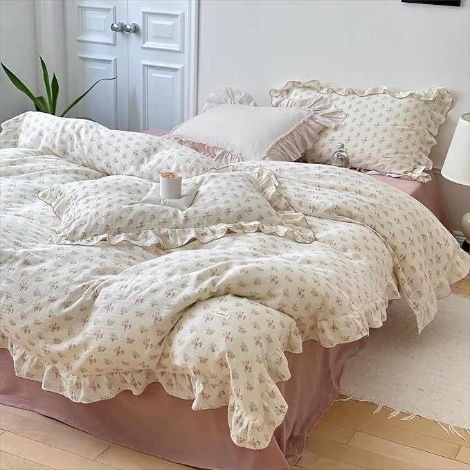 BuLuTu Cotton Muslin Kids Duvet Cover Set Twin Size, Shabby Chic Azalea Floral Comforter Cover with Ruffles, Kids Teens Girls Boys Bedding Set, Soft Lightweight Quilt Cover with 2 Pillowcases