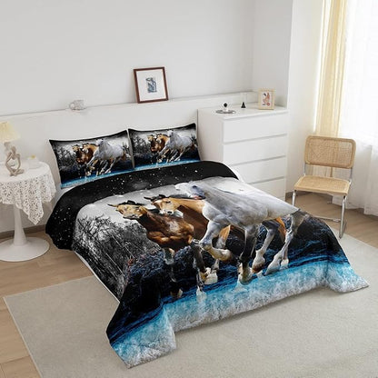 Feelyou Horse Comforter Set Galloping Horse Bedding Set for Kids Boys Girls Wildlife Comforter Farm Animal Quilt Set 1 Comforter Set with 2 Pillowcases Queen Size