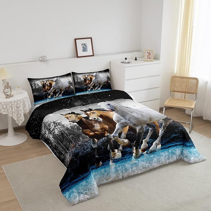 Feelyou Horse Comforter Set Galloping Horse Bedding Set for Kids Boys Girls Wildlife Comforter Farm Animal Quilt Set 1 Comforter Set with 2 Pillowcases King Size