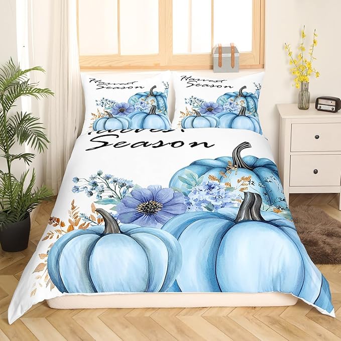 Fall Pumpkin Duvet Cover Twin Size,Blue Flower Plant Bedding Set 2pcs for Kids Girls Woman Adult Room Decor,Rustic Farmhouse Style Comforter Cover Watercolor Hand Drawn Quilt Cover,1 Pillowcase