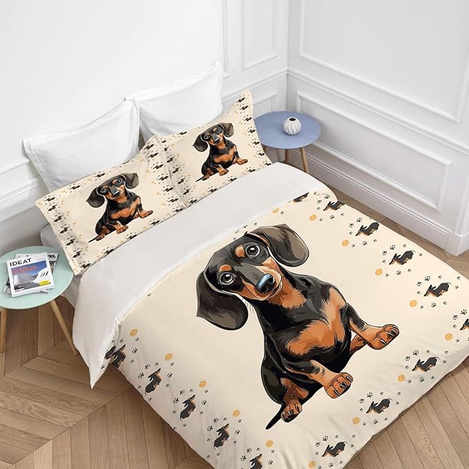 Dachshund Bedding Set Puppy Daschund Animal Theme Comforter Set Covers for Kids Girls Women Wiener Dog Duvet Cover Bedroom Decor Soft Queen Size Quilt Cover with 2 Pillowcases