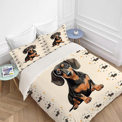 Dachshund Bedding Set Puppy Daschund Animal Theme Comforter Set Covers for Kids Girls Women Wiener Dog Duvet Cover Bedroom Decor Soft King Size Quilt Cover with 2 Pillowcases