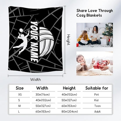 Volleyball Blanket, Personalized Volleyball Gifts for Teen Girls, Custom Girls Sport Blankets Gift for College Team Players, Black Soft Plush Kids Throw for Couch Sofa, 40"x50"