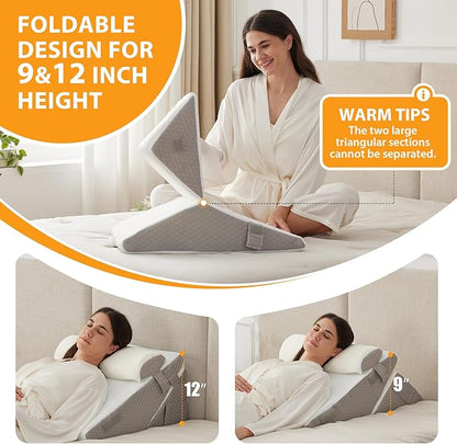 3PCS Wedge Pillow Set for After Surgery, Adjustable 9&12 Inch Bed Wedge Pillow for Sleeping, Incline Pillow Wedge for Headboard, Post Surgery, Acid Reflux, Neck&Back Support, White/Grey
