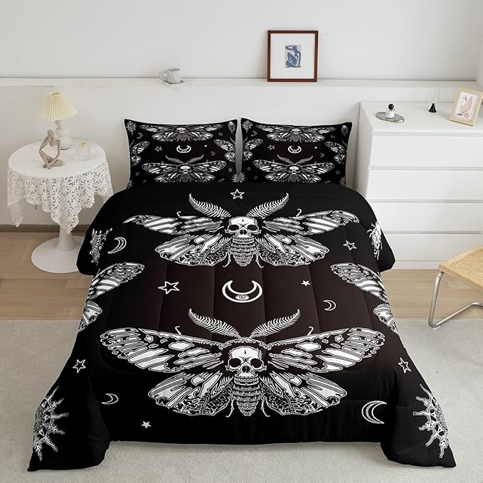 Feelyou Boys Boho Moth Comforter Set Full Size Men Gothic Skull Bedding Set for Girls Women Bedroom Decor Bohemian Moon Star Comforter Personalized Moth Skull Skeleton Bones Duvet Set Teens Quilt Set