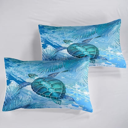 CVHOUSE Sea Turtle Bedding Set,Sea Turtle Comforter Queen,Ocean Bohemia Comforter Set for Boys Kids Girls,Ocean Quilt Set with 1 Comforter and 2 Pillow Cases