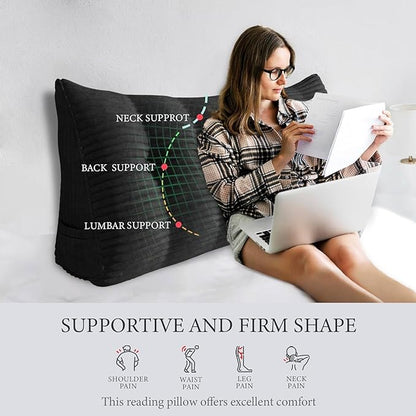 Wedge Headboard Pillow Dorm Room Reading Pillow Back Support for Sitting Up in Bed Bolster Lumbar Cushion Body Positioning Bedrest Corduroy (Black, King (76 * 8 * 20in))