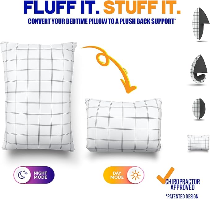 Fluff and Stuff Comfort Pillow | Queen Size Memory Foam Pillows, Chiropractor Designed and Approved 2-in-1 Back Support and Bed Pillows | Fully Adjustable Pillow (Checker, Queen (Pack of 1))