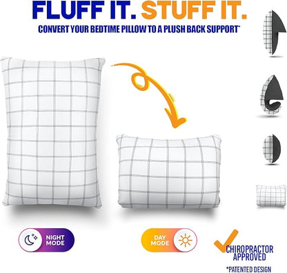 Fluff and Stuff Comfort Pillow | Queen Size Memory Foam Pillows, Chiropractor Designed and Approved 2-in-1 Back Support and Bed Pillows | Fully Adjustable Pillow (Checker, Queen (Pack of 1))