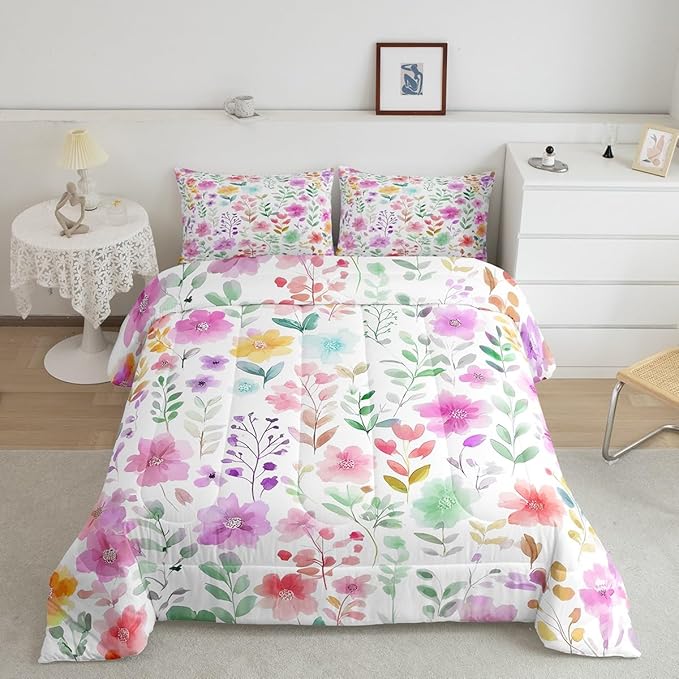 Erosebridal Cute Floral Full Bedding Set for Kids Girls,Purple and Pink Flower Comforter Set,Boho Chic Wildflower Quilt,Colorful Flowers Farmhouse Bedroom Decor,2 Pillowcases Ultra Soft