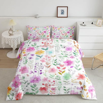 Erosebridal Cute Floral Queen Comforter Set for Kids Girls,Purple and Pink Flower Bedding Sets,Boho Chic Wildflower Bed Set,Colorful Flowers Farmhouse Room Decor,2 Pillowcases Ultra Soft