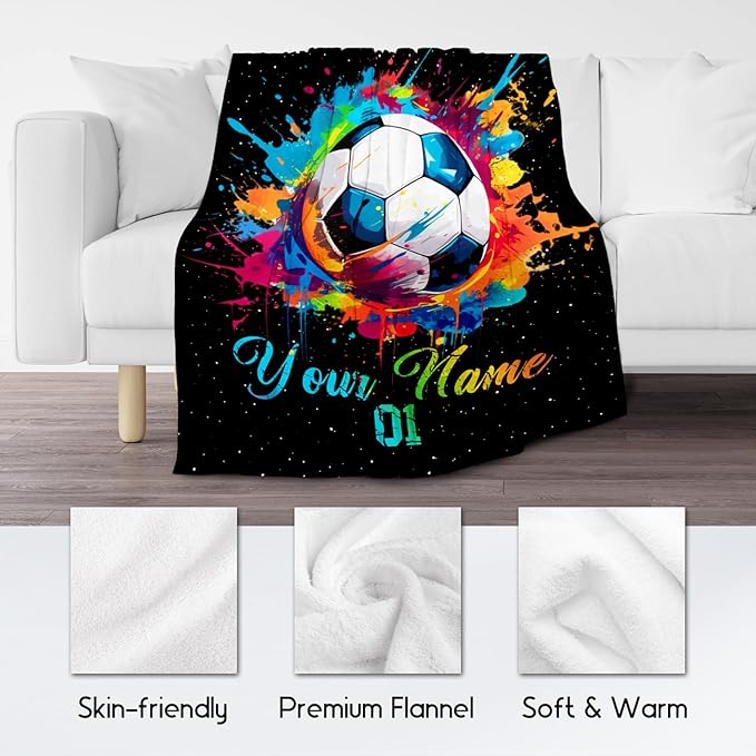Personalized Soccer Gifts for Boys, Custom Soccer Blanket Gift for Sport Lovers, Flannel Throw Blankets for Kids Girls Teens, Sports Decorations for Room Team Player (Colorful, 50x60 Inch)
