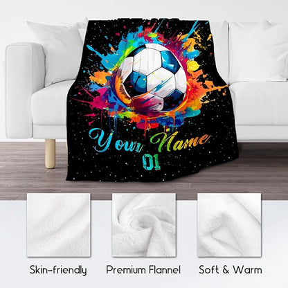 Personalized Soccer Gifts for Boys, Custom Soccer Blanket Gift for Sport Lovers, Flannel Throw Blankets for Kids Girls Teens, Sports Decorations for Room Team Player (Colorful, 50x60 Inch)