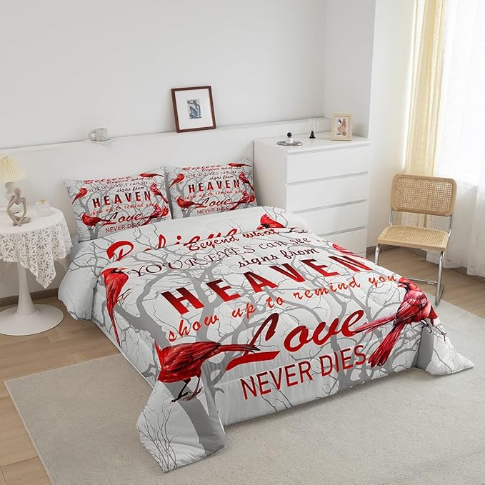 Feelyou Cardinal Bird Comforter Set Full Size Farmhouse Red Birds Bedding Set for Girls Boys Women Men Tree Branches Decor Comforter Nature Comforter with 2 Pillow Case