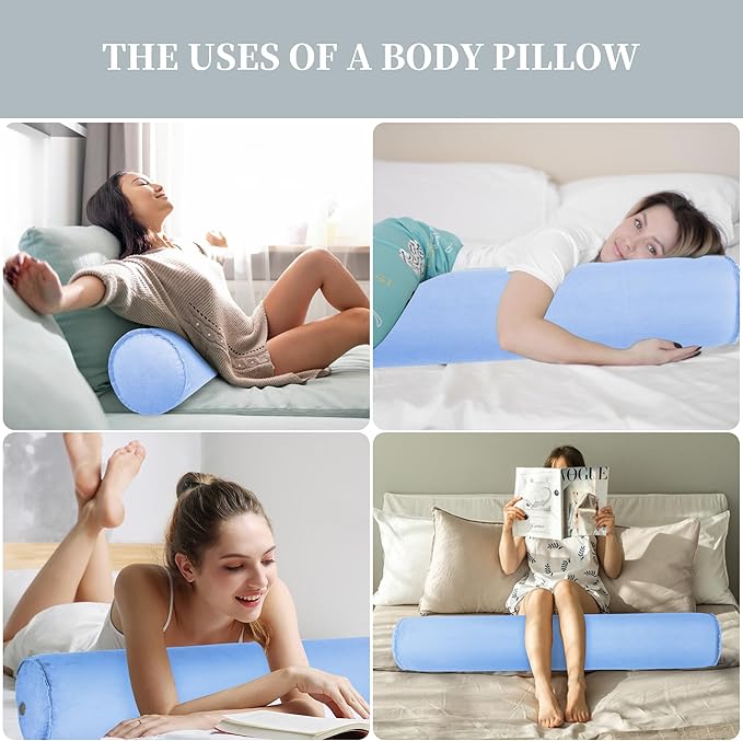 ONTYZZ Inflatable Short Body Pillow, Short Pillow for Bed, Oval Bolster Pillow for Good Sleeping and Back/Neck Support, 2pcs Blue