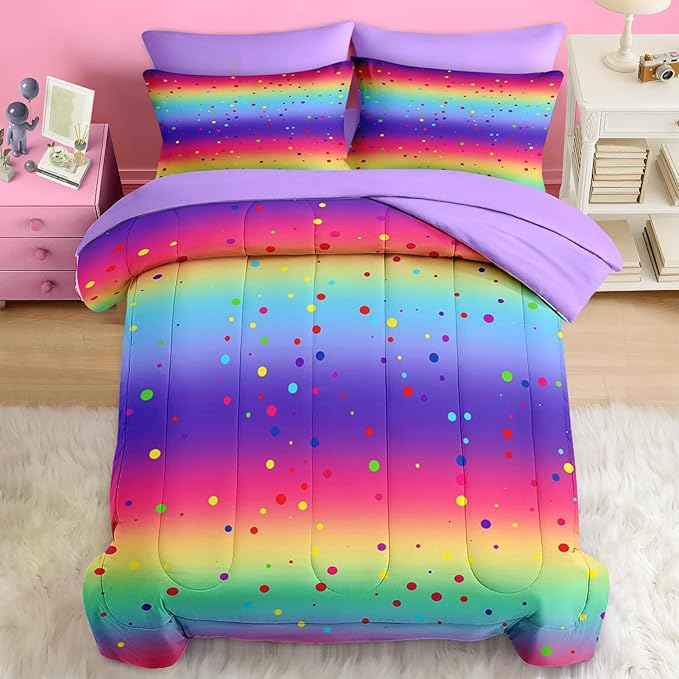 Comforter Set Twin Size, Cute Rainbow Polka Dot 5 Pcs Bedding for Kids and Adults, Colorful Glitter Bed Sheet Sets with Fitted Sheet Pillowcase & Sham for Bedroom Bed Decor