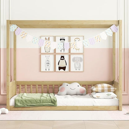 MERITLINE Full Canopy Bed Frame with Fence,Solid Wood Montessori Floor Bed with Guardrail, Easy to Assemble (Natural)