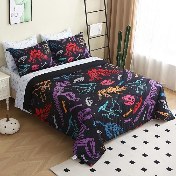 7 Piece Boys Dinosaur Comforter Set Full Size 3D Black Dinosaur Skeleton Bedding Set for Toddler Kids Teens Christmas Birthday Gift