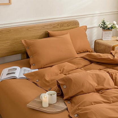 JELLYMONI Cotton Duvet Cover Full Size - Burnt Orange Comforter Cover with Button 100% Washed Cotton 3PCS Breathable Soft Solid Bedding Set Duvet Cover 80×90in & 2 Pillowcases (NO Comforter)
