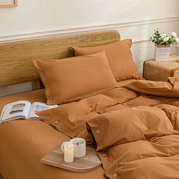 JELLYMONI Cotton Duvet Cover King Size - Burnt Orange Comforter Cover with Button 100% Washed Cotton 3PCS Breathable Soft Solid Bedding Set Duvet Cover 104×90in & 2 Pillowcases (NO Comforter)