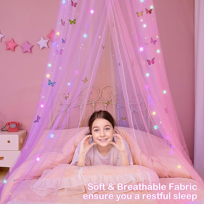 FIOBEE Bed Canopy for Girls Room Bed Canopy Curtains with Led Lights Mosquito Net DIY Princess Room Décor with Stars Butterflies for Kids Bedroom, Rainbow