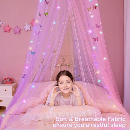 FIOBEE Bed Canopy for Girls Room Bed Canopy Curtains with Led Lights Mosquito Net DIY Princess Room Décor with Stars Butterflies for Kids Bedroom, Rainbow