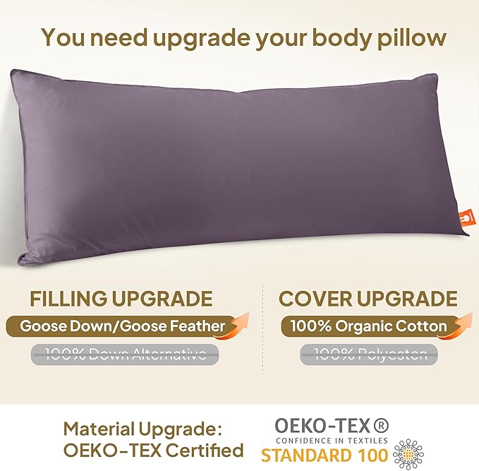 Goose Down Body Pillows for Adults, Large Body Pillow for Side Sleeper, Hugging Feather Body Pillow Insert, Cooling Full Length Long Pillow for Bed with 100% Organic Cotton Shell, Blackcurrant 20"x54"