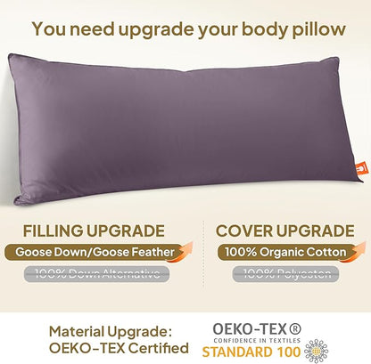 Goose Down Body Pillows for Adults, Large Body Pillow for Side Sleeper, Hugging Feather Body Pillow Insert, Cooling Full Length Long Pillow for Bed with 100% Organic Cotton Shell, Blackcurrant 20"x54"