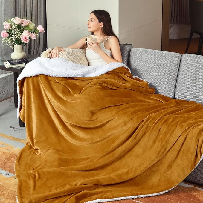 KAWAHOME Sherpa Fleece King Size Blanket for Bed - Extra Warm and Heavy Thick Blankets for Winter, Super Soft 500GSM Plush Blanket, 108" X 90" Ginger Yellow