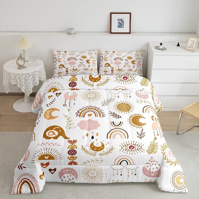 Feelyou Colorful Rainbow Comforter Set Kawaii Botanical Leaf Bedding Set for Girls Kids Room,Cute Colorful Cartoon Orange Decor Comforter Soft Quilt Room 3Pcs Queen Size Boys