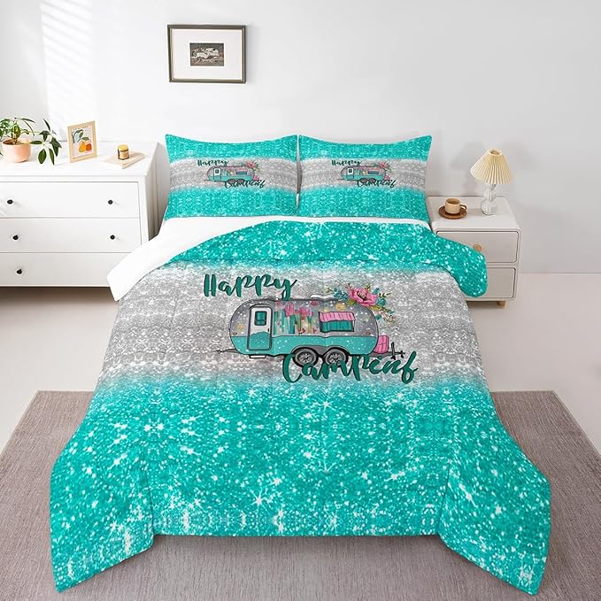 Feelyou Kids Camper Bedding Set Full Farmhouse Rustic Happy Camping Comforter for Girls Luxury Teal Glitter Floral Decor Comforter Set Camper Lover Quilt with 2 Pillow Case Boys