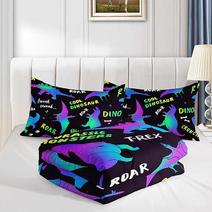 Axolotl Cartoon Dinosaur Bedding Set King Size,Gradient Dinosaur Comforter for Kids Teens,Colorful Dino Kids Bed Set,Monsters Bedding for Boys Girls Adults,1 Quilt with 2 Pillowcases All Season,Black