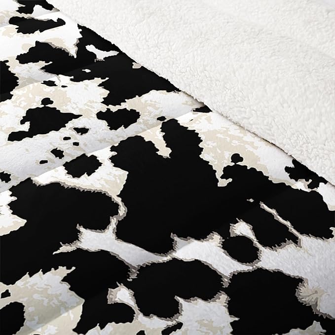 QOOMO Cow Stripes Sherpa Fleece Bedding Comforter Set Full Size 3 Pcs, Fluffy Warm Animal Texture Printing Comforter for Winter with 2 Pillow Shams, Flannel Thick Bedding Set