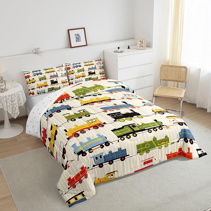 Erosebridal Kids Train Comforter Set - Twin Size for Boys & Girls - Colorful Steam Engine Bedding Sets - Cartoon Train Transportation Locomotive Train Comforter with 1 Pillowcase, Beige