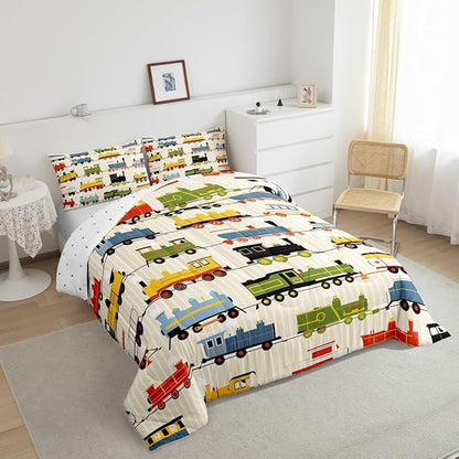 Erosebridal Kids Train Comforter Set - Twin Size for Boys & Girls - Colorful Steam Engine Bedding Sets - Cartoon Train Transportation Locomotive Train Comforter with 1 Pillowcase, Beige