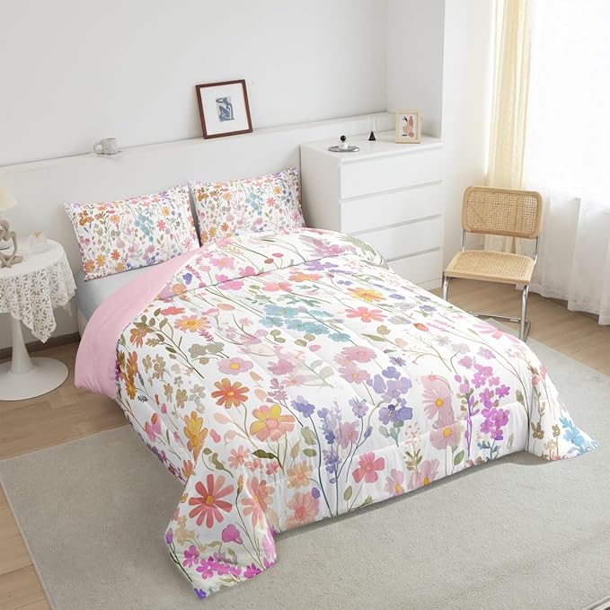 Erosebridal Cute Pink Floral Full Bedding Set for Girls Kids Women,Colorful Boho Flower Comforter Set Farmhouse Home Decor,Watercolor Wildflower Quilt Bed Set Rustic Flowers Bed Comforter Set 3Pcs