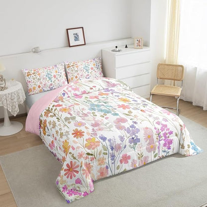 Erosebridal Cute Pink Floral Full Bedding Set for Girls Kids Women,Colorful Boho Flower Comforter Set Farmhouse Home Decor,Watercolor Wildflower Quilt Bed Set Rustic Flowers Bed Comforter Set 3Pcs