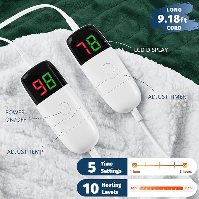 Heated Electric Blanket Queen Size - 84" x 90" Heating Blanket with Dual Control, 10 Heating Levels & 8 Hours Auto Off, Soft Warm Flannel Blanket, Christmas Birthday Gifts for Senior Grandma