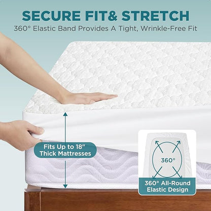 5-Sided Waterproof Mattress Protector, King Size Quilted Bamboo Rayon Mattress Cover, Breathable Cooling Noiseless Bed Fitted Sheets, Soft Bedding Pad with Deep Pocket Up to 18"