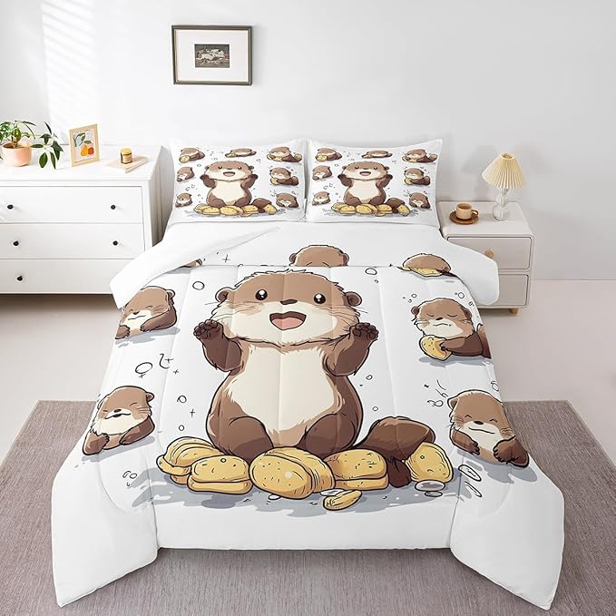 Cute Otter Bedding Sets Cartoon Lovely Wild Animal Comforter Set for Kids Boys Girls Teens Black Bubble Graffiti Hippie Rustic Style Comforter Duvet Set with 2 Pillowcases Full Size 3 Pcs
