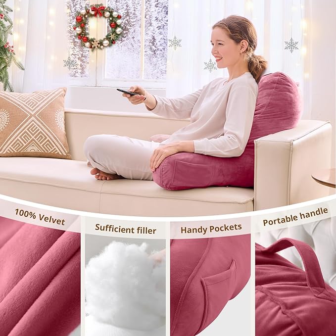 Sasttie Reading Pillow, Pillows for Reading or Relaxing – Ergonomic Support for Head, Neck, Back, and Lumbar, 21-Inch, Rose Pink