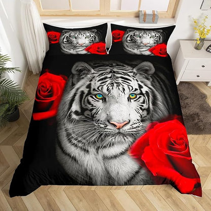 Castle Fairy White Tiger Duvet Cover Boys Girls, Red Rose Flower Africa Big Cat Comforter Cover Set Animal Themed Bedroom Decor 3 Pieces with 2 Pillowcase, Queen Size,No Comforter