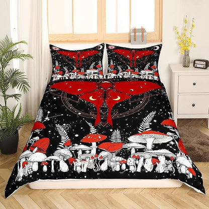 Castle Fairy Moth Bedding Set Twin,Trippy Red Mushroom Plant Duvet Cover with 1 Pillow Sham Comforter Cover for Kids Boys,Stars Moon Galaxy Space Quilt Cover Set Decorative 2 Pcs